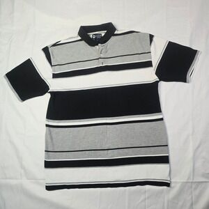 Dream USA Men's Polo Shirt Large Black Grey White Striped Short Sleeve Pique B62